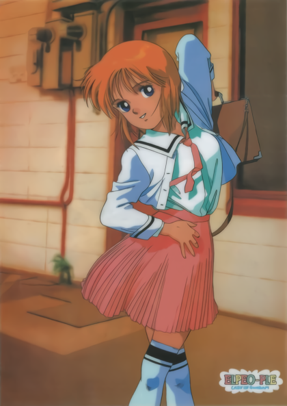 1980s_(style) 1girl bangs blouse blue_eyes casual character_name elpeo_puru feet_out_of_frame gundam gundam_zz high-waist_skirt indoors long_sleeves looking_at_viewer official_art orange_hair over-kneehighs parted_lips pink_neckwear pink_skirt pleated_skirt retro_artstyle school_briefcase shirt_tucked_in short_hair skirt smile solo thigh-highs
