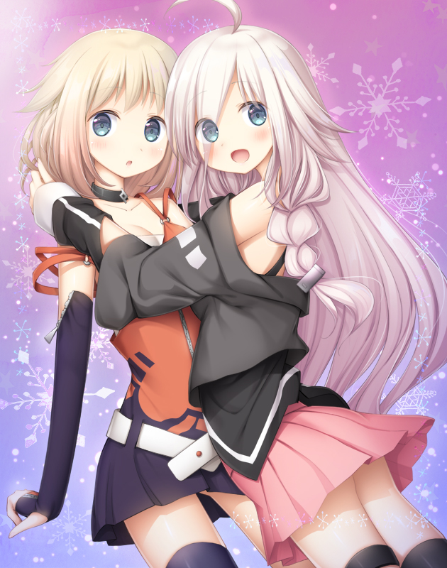 2girls :d ahoge bangs bare_shoulders black_choker black_gloves black_legwear black_shirt blonde_hair blue_eyes blush brown_dress cevio choker collarbone dress elbow_gloves eyebrows_visible_through_hair eyes_visible_through_hair fingerless_gloves gloves grey_hair hair_over_one_eye ia_(vocaloid) long_hair long_sleeves looking_at_viewer looking_to_the_side multiple_girls murano off_shoulder one_(cevio) open_mouth pink_skirt pleated_skirt shirt skirt sleeveless sleeveless_dress sleeves_past_wrists smile thigh-highs very_long_hair vocaloid