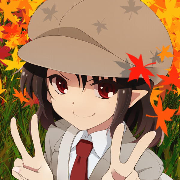 &gt;:) 1girl black_hair cabbie_hat double_v forbidden_scrollery grass hat leaf maple_leaf necktie pointy_ears red_eyes shameimaru_aya shiroki_yuu short_hair smile solo suit_jacket touhou v v-shaped_eyebrows