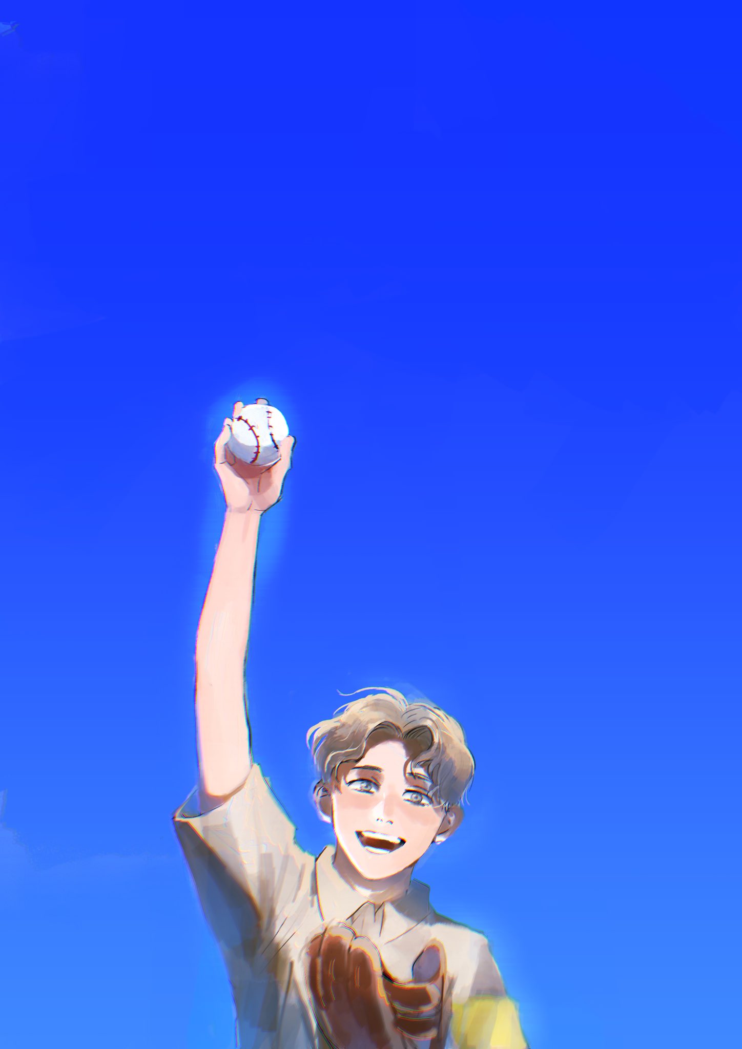 1boy age_regression armband ball baseball baseball_mitt blue_sky chiruchiru commentary highres holding holding_ball shingeki_no_kyojin shirt simple_background sky white_shirt younger zeke_yeager