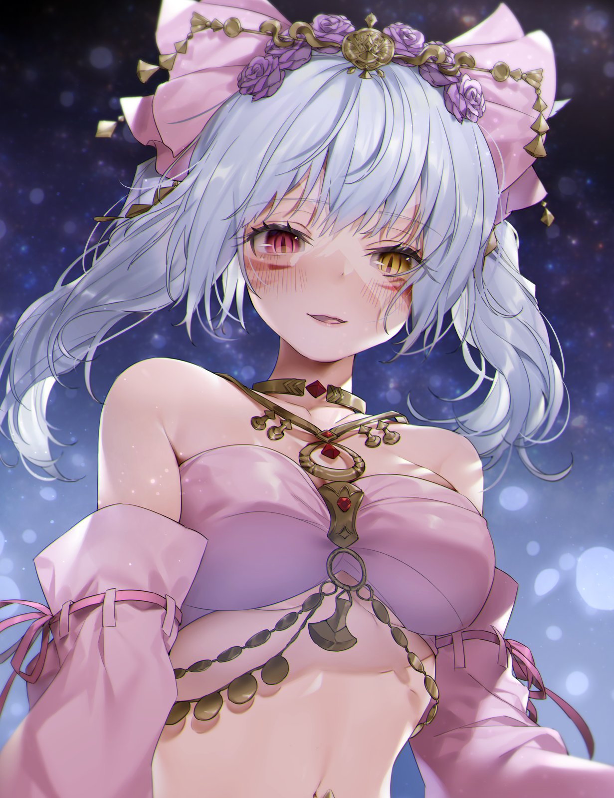 1girl armpit_crease bangs bare_shoulders breasts collarbone detached_sleeves eyebrows_visible_through_hair eyelashes facial_mark final_fantasy final_fantasy_xiv flower hair_flower hair_ornament hair_ribbon heterochromia highres jewelry looking_at_viewer medium_breasts midriff navel open_mouth pink_ribbon pink_tubetop ribbon silver_hair solo strapless tubetop twintails under_boob upper_body violet_eyes whisker_markings yana_mori yellow_eyes