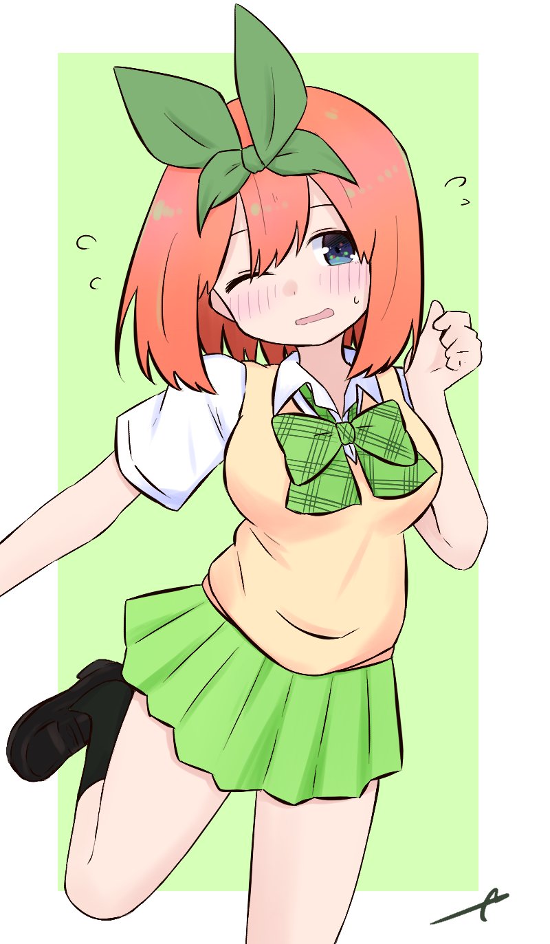 1girl bangs black_footwear black_legwear blue_eyes blush bow collared_shirt commentary eyebrows_behind_hair flying_sweatdrops go-toubun_no_hanayome green_background green_bow green_ribbon green_skirt hair_between_eyes hair_ribbon hand_up highres kujou_karasuma loafers nakano_yotsuba one_eye_closed parted_lips pleated_skirt ribbon shirt shoes short_sleeves signature skirt socks solo standing standing_on_one_leg sweat sweater_vest two-tone_background white_background white_shirt