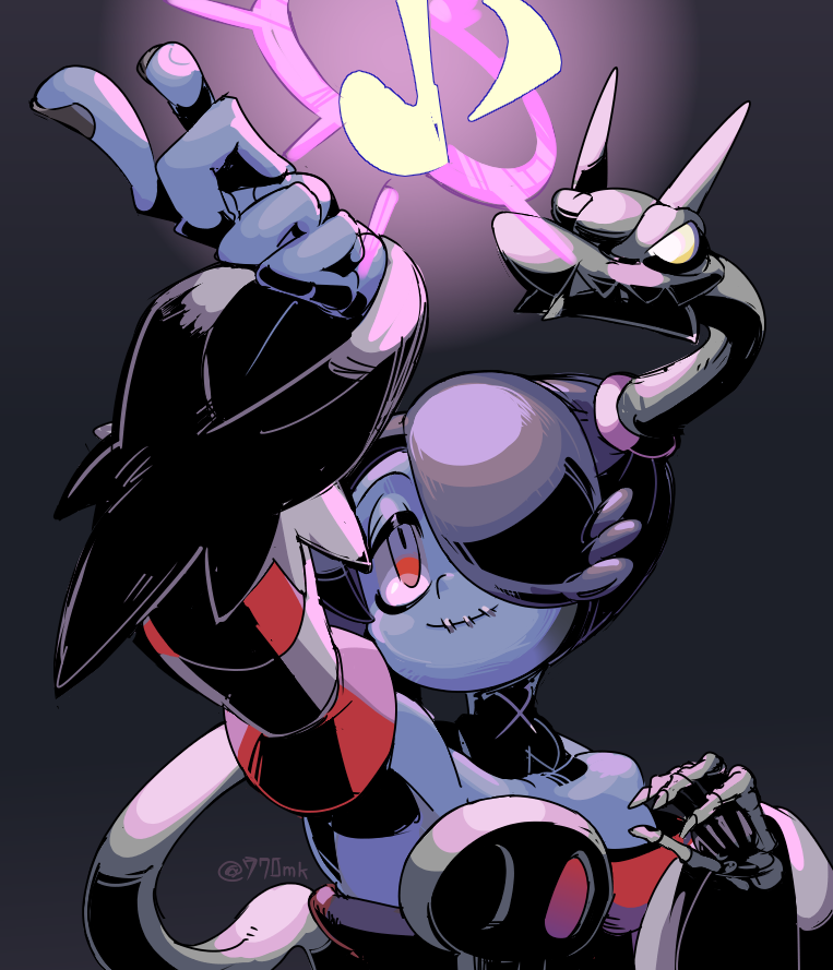 1girl 770mk blue_hair blue_skin colored_skin corset glowing glowing_eyes hair_over_one_eye leviathan_(skullgirls) long_hair musical_note neckwear one-eyed purple_background red_eyes skeletal_arm skullgirls smile squigly_(skullgirls) stitched_mouth stitches striped striped_sleeves yellow_eyes zombie