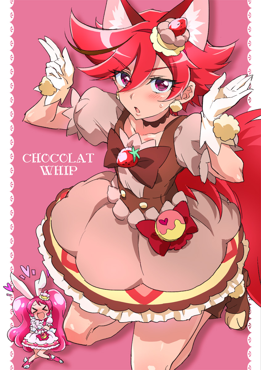 &gt;_&lt; 2girls :d alternate_color animal_ears bubble_skirt chibi commentary_request cosplay cure_chocolat cure_whip cure_whip_(cosplay) dog_ears dog_tail food-themed_hair_ornament gloves hair_between_eyes hair_ornament hand_up heart highres kenjou_akira kirakira_precure_a_la_mode looking_at_viewer magical_girl multiple_girls mutyakai open_mouth pink_background precure rabbit_ears red_eyes redhead short_hair skirt smile tail usami_ichika white_gloves