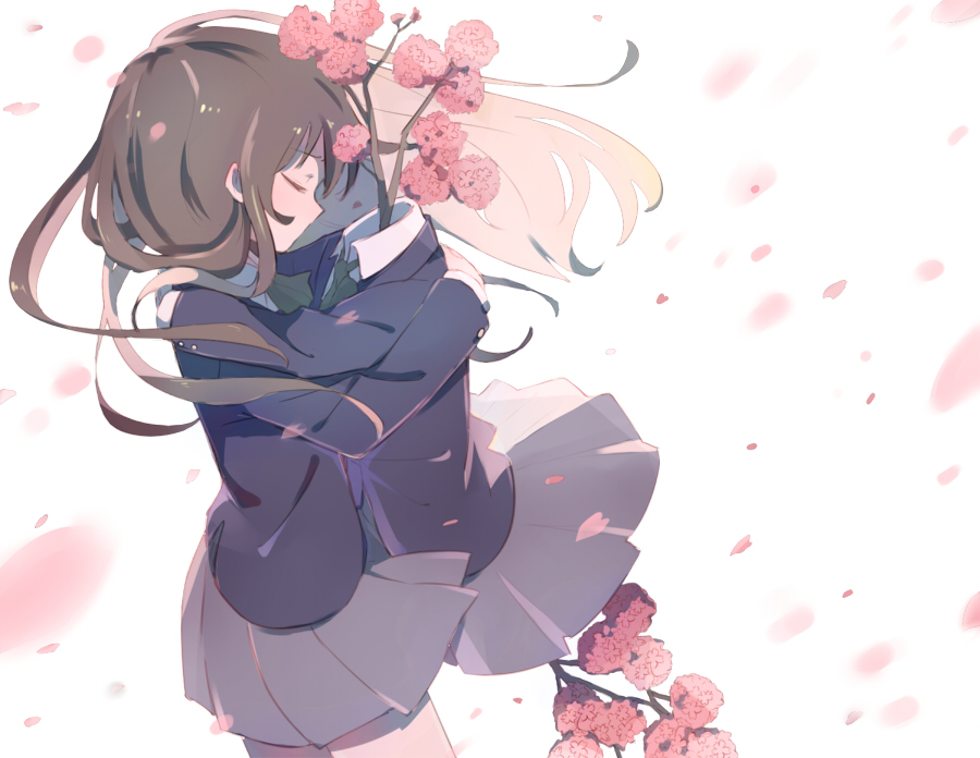 1girl bangs blue_jacket branch brown_hair closed_eyes closed_mouth commentary_request eyebrows_visible_through_hair falling_petals flower flower_request from_side green_neckwear grey_skirt jacket long_hair long_sleeves original petals pink_flower pleated_skirt profile school_uniform simple_background skirt solo sou_(tuhut) white_background wind wind_lift
