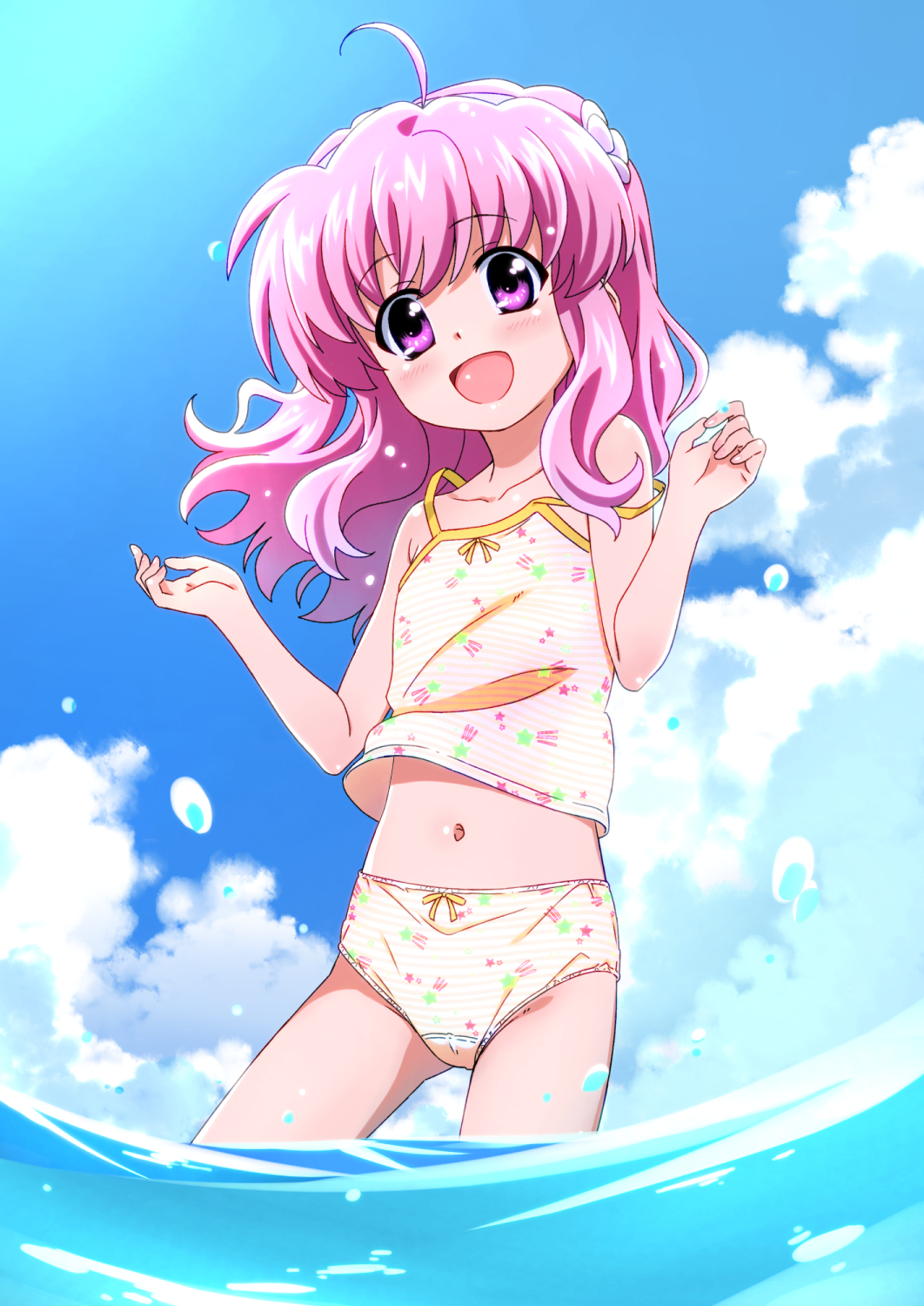 1girl :d ahoge bangs blue_sky bow bow_panties camisole clouds cloudy_sky commentary_request crotch_seam day droplet eyebrows_visible_through_hair flat_chest flower hair_flower hair_ornament highres kyrie_florian long_hair looking_at_viewer lyrical_nanoha mahou_shoujo_lyrical_nanoha_reflection miyajima_hitoshi navel ocean open_mouth outdoors panties pink_hair print_panties print_shirt shirt sky smile solo standing strap_slip striped striped_panties striped_shirt underwear underwear_only violet_eyes w_arms wading water yellow_panties yellow_shirt younger