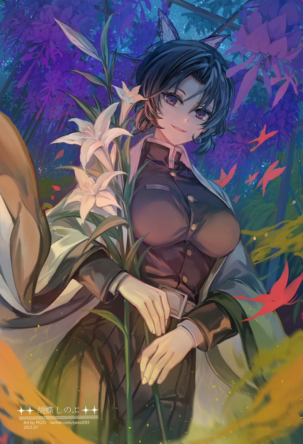 1girl belt black_hair breasts butterfly_hair_ornament buttons flower hair_ornament highres japanese_clothes kappo kimetsu_no_yaiba kimono kochou_shinobu large_breasts long_sleeves looking_at_viewer military military_uniform night open_clothes open_mouth pants smile solo uniform violet_eyes white_kimono wide_sleeves wisteria