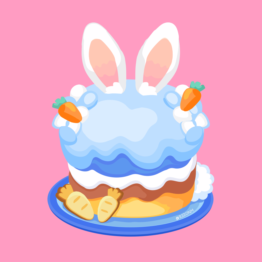 animal_ears bunny_tail cake carrot commentary cookie food food_focus hololive icing no_humans pink_background plate rabbit_ears rizu_(rizunm) simple_background tail twitter_username usada_pekora virtual_youtuber