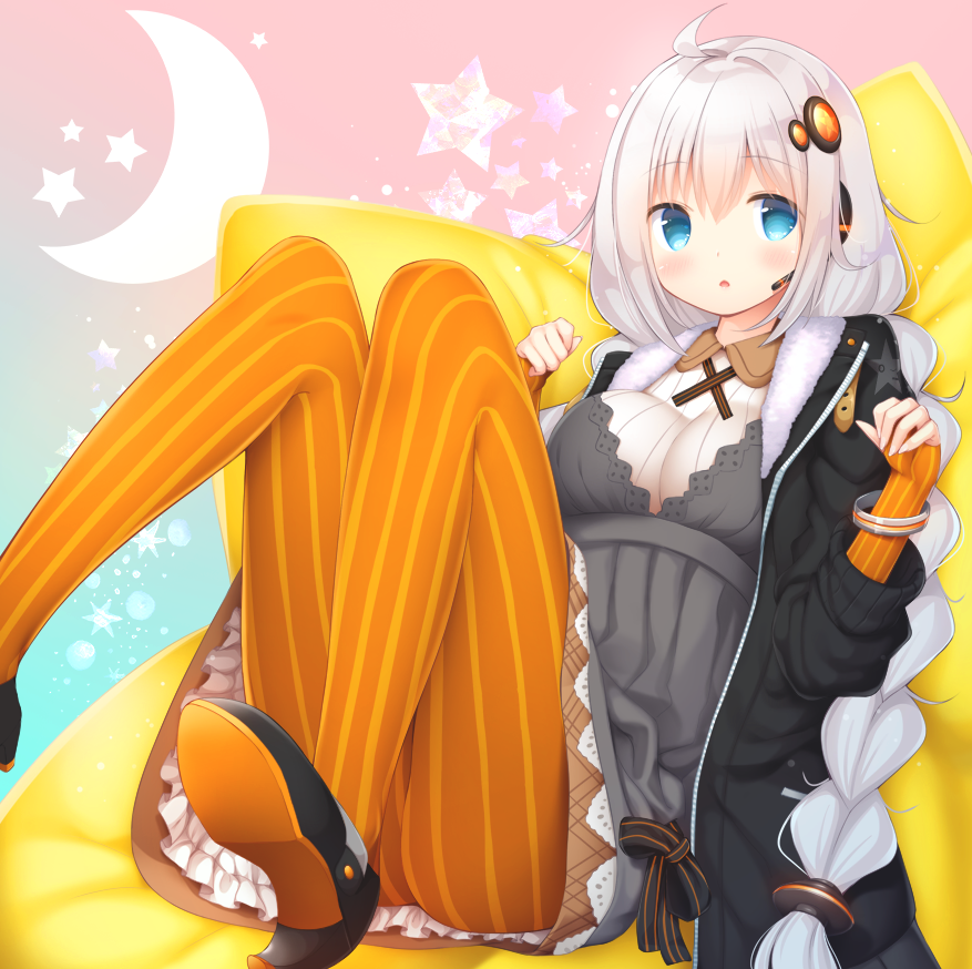 1girl :o ahoge bangs black_jacket blue_eyes blush braid breasts collared_shirt crescent dress elbow_gloves eyebrows_visible_through_hair fingerless_gloves fur-trimmed_jacket fur_trim gloves grey_dress hair_between_eyes hair_ornament hands_up headset high_heels jacket kizuna_akari knees_together_feet_apart knees_up long_hair long_sleeves looking_at_viewer low_twintails medium_breasts murano open_clothes open_jacket orange_gloves orange_legwear pantyhose parted_lips shirt shoe_soles solo star_(symbol) striped striped_legwear twin_braids twintails vertical-striped_gloves vertical-striped_legwear vertical_stripes very_long_hair voiceroid white_shirt