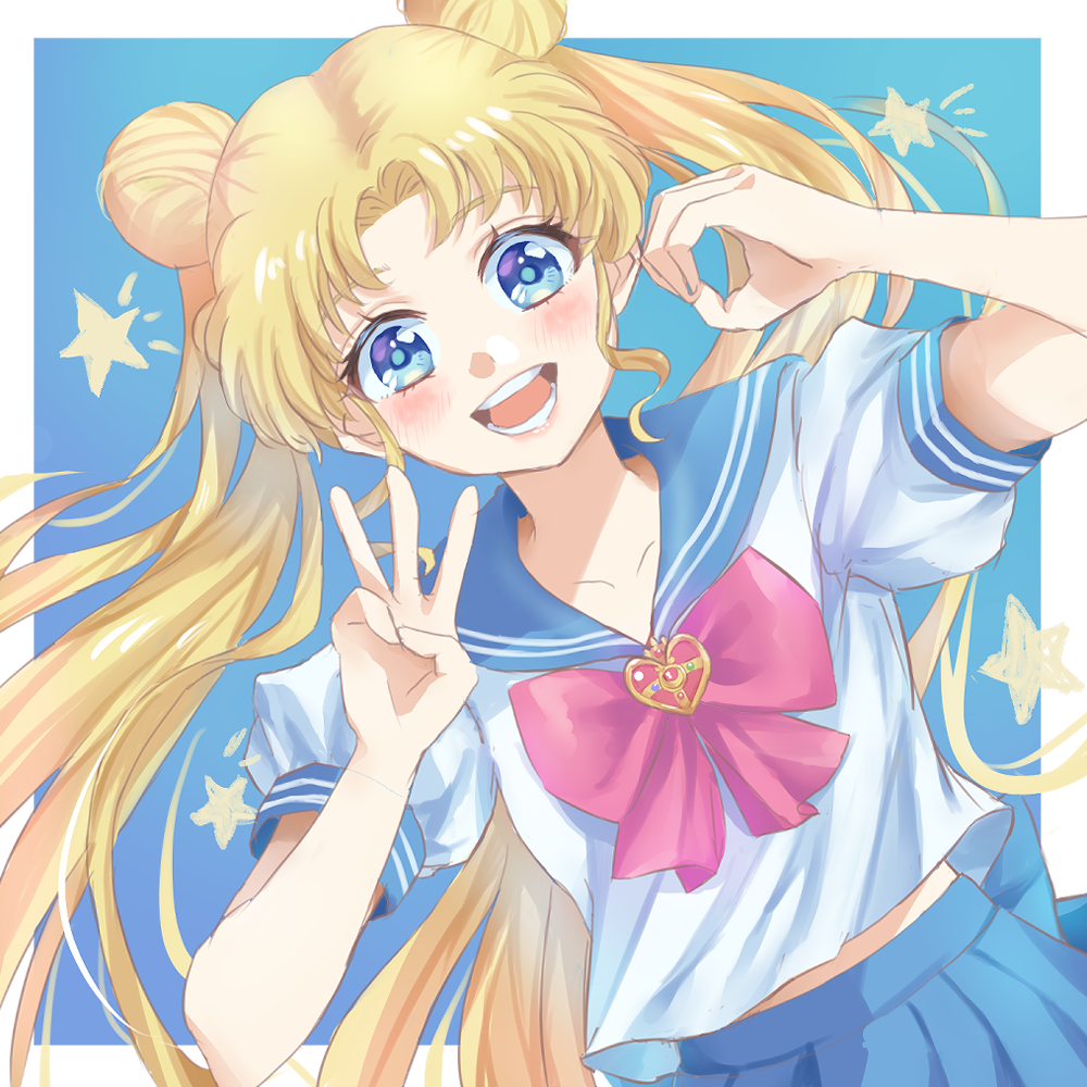 1girl :d bishoujo_senshi_sailor_moon blonde_hair blue_background blue_eyes blue_sailor_collar blue_skirt blush border collarbone collared_shirt double_bun floating_hair hair_intakes long_hair looking_at_viewer meguru_(dagmin) open_mouth outside_border pink_neckwear pleated_skirt sailor_collar sailor_shirt school_uniform serafuku shiny shiny_hair shirt short_sleeves skirt smile solo very_long_hair w white_border white_shirt