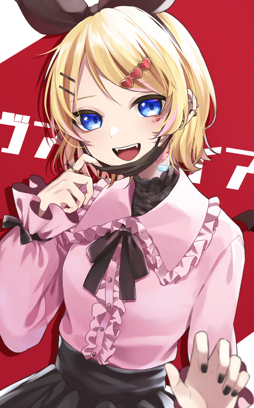 1girl :d background_text bangs black_bow black_nails black_ribbon black_skirt blonde_hair blue_eyes bow center_frills collared_shirt commentary_request ear_piercing eyebrows_visible_through_hair fangs frilled_shirt_collar frills hair_ornament hair_ribbon hairclip hand_up heart heart_hair_ornament highres kagamine_rin long_sleeves looking_at_viewer mask mask_pull mouth_mask nail_polish open_mouth piercing pink_shirt pleated_skirt puffy_long_sleeves puffy_sleeves red_background ribbon shirt skirt sleeves_past_wrists smile solo soramame_pikuto swept_bangs two-tone_background upper_teeth vampire_(vocaloid) vocaloid white_background