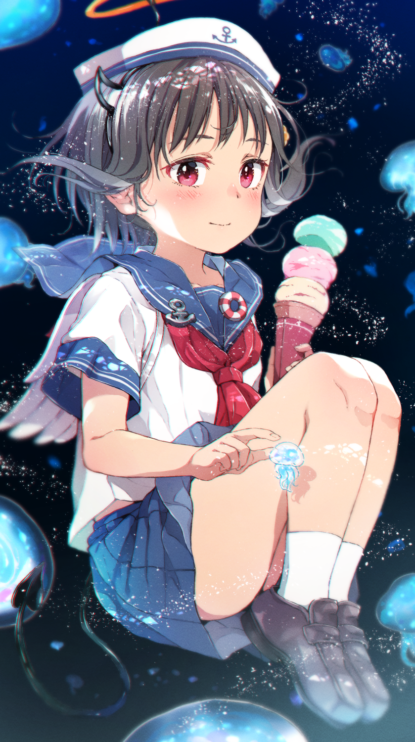 1girl anchor_symbol animal bangs beret black_footwear black_hair blue_sailor_collar blue_skirt blush closed_mouth commentary_request demon_tail eyebrows_behind_hair fake_halo fake_horns feathered_wings food full_body gomennasai halo hat highres holding holding_food horns ice_cream ice_cream_cone jellyfish loafers neckerchief original pleated_skirt red_eyes red_neckwear sailor_collar school_uniform serafuku shirt shoes short_sleeves skirt smile socks solo tail triple_scoop underwater white_headwear white_legwear white_shirt white_wings wings zangyaku-san