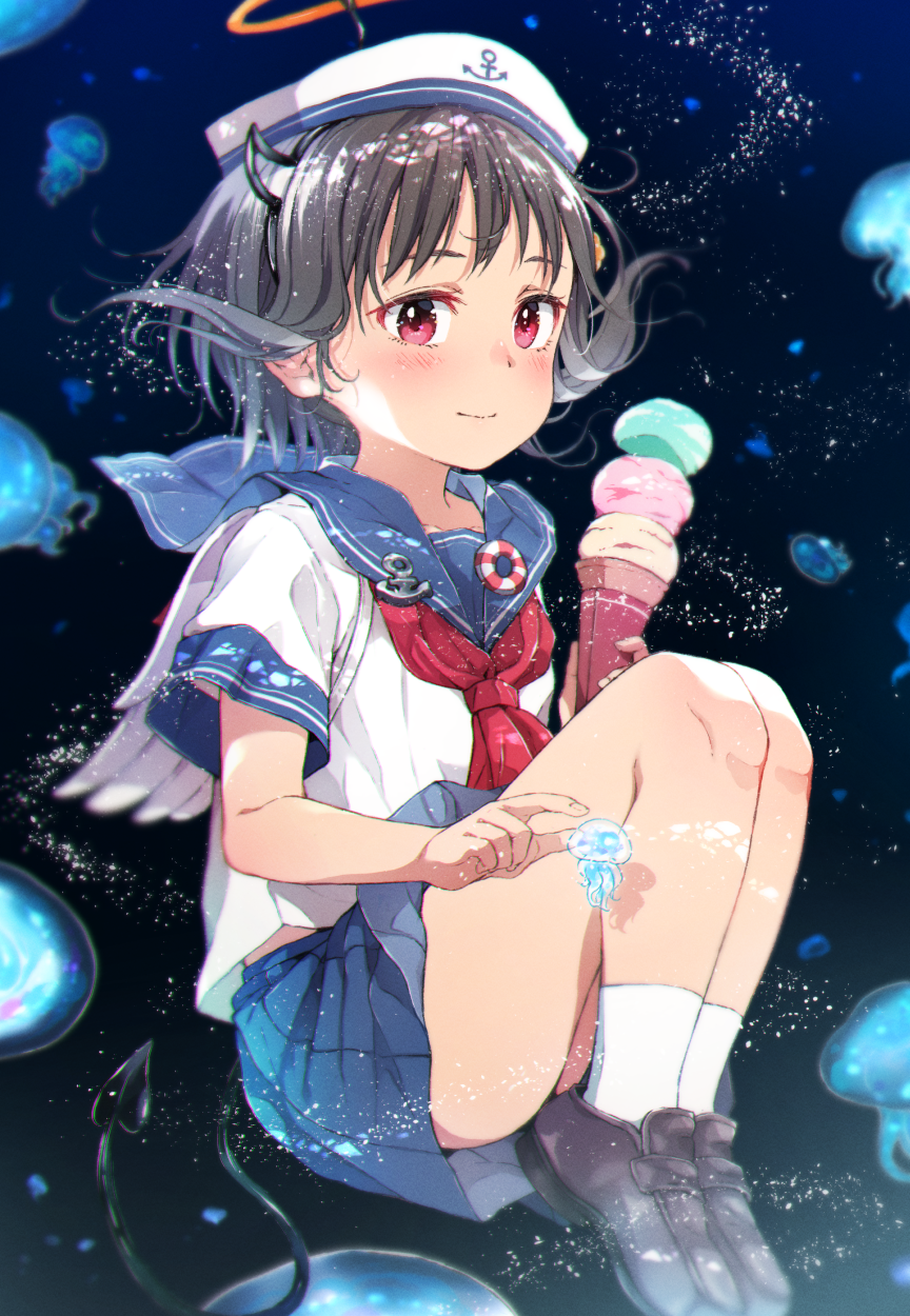 1girl anchor_symbol animal bangs beret black_footwear black_hair blue_sailor_collar blue_skirt blush closed_mouth demon_tail eyebrows_behind_hair fake_halo fake_horns feathered_wings food full_body gomennasai halo hat highres holding holding_food horns ice_cream ice_cream_cone jellyfish loafers neckerchief original pleated_skirt red_eyes red_neckwear sailor_collar school_uniform serafuku shirt shoes short_sleeves skirt smile socks solo tail triple_scoop underwater white_headwear white_legwear white_shirt white_wings wings zangyaku-san