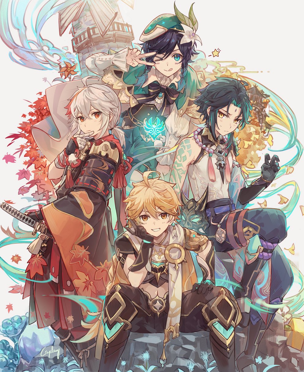 4boys aether_(genshin_impact) ahoge androgynous arm_guards arm_tattoo armor artist_name asymmetrical_clothes autumn_leaves bandaged_hand bangs bead_necklace beads bent_over beret black_hair blonde_hair blue_hair blush bow braid brooch closed_mouth collared_cape collared_shirt commentary corset crop_top csyday dandelion detached_sleeves diamond_(shape) earrings eyebrows_visible_through_hair eyeshadow facial_mark fangs feather_earrings feathers flower forehead_mark frilled_sleeves frills from_side genshin_impact ginkgo_leaf gloves gradient_hair green_eyes green_gloves green_hair green_headwear green_shorts grey_background hair_between_eyes hair_flower hair_ornament hand_on_own_cheek hand_on_own_face hand_on_own_thigh hat highres holding holding_sword holding_weapon japanese_clothes jewelry katana kazuha_(genshin_impact) leaf long_hair long_sleeves looking_at_viewer makeup male_focus mask medium_hair midriff multicolored_hair multiple_boys navel necklace one_eye_closed open_mouth parted_bangs pendant ponytail red_eyes red_eyeshadow redhead rock scarf sheath sheathed shirt short_hair short_hair_with_long_locks shorts shoulder_armor shoulder_pads shoulder_spikes sidelocks signature single_bare_shoulder single_detached_sleeve single_earring sitting sitting_on_rock smile spikes standing star_(symbol) streaked_hair sweat sword symbol_commentary tassel tattoo tongue tongue_out twin_braids two-tone_hair v venti_(genshin_impact) vision_(genshin_impact) weapon white_flower white_hair white_shirt wide_sleeves wind windmill xiao_(genshin_impact) yellow_eyes