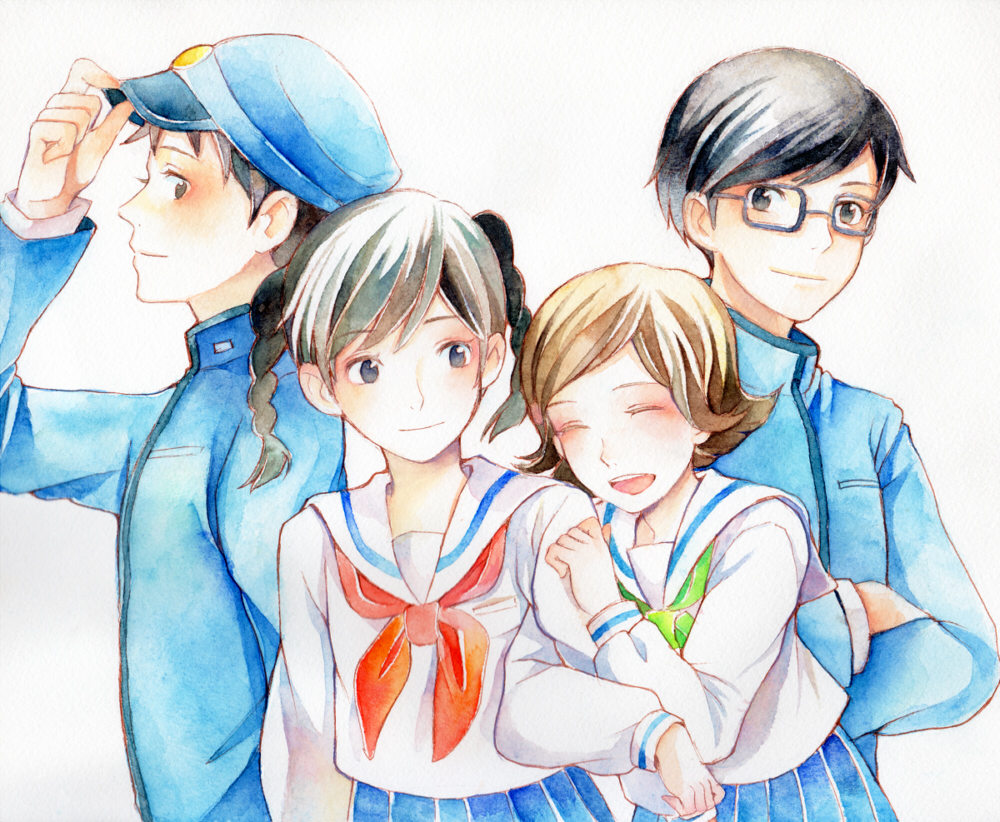 2boys 2girls adjusting_clothes adjusting_headwear black-framed_eyewear black_eyes blue_skirt blush braid brown_hair crossed_arms hat hibiki_(bagawa) kazama_shun kokurikozaka_kara komatsuzaki_umi locked_arms long_sleeves matsuzaki_soraootori-sama mizunuma_shirou multiple_boys multiple_girls school_uniform serafuku short_hair simple_background skirt smile traditional_media twin_braids watercolor_(medium) white_background