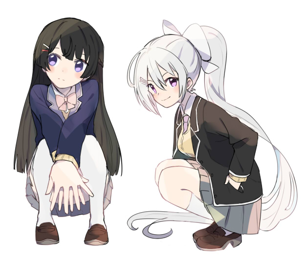2girls bangs black_hair blue_jacket bow bowtie brown_footwear closed_mouth commentary_request foreshortening full_body grey_skirt hair_bow hair_ornament hairclip hands_in_pockets head_tilt higuchi_kaede jacket long_hair long_sleeves looking_at_viewer looking_away multiple_girls necktie nijisanji pink_eyes pink_neckwear ponytail school_uniform shoes simple_background skirt socks sou_(tuhut) squatting sweater thigh-highs tsukino_mito very_long_hair violet_eyes white_background white_bow white_hair white_legwear yellow_sweater