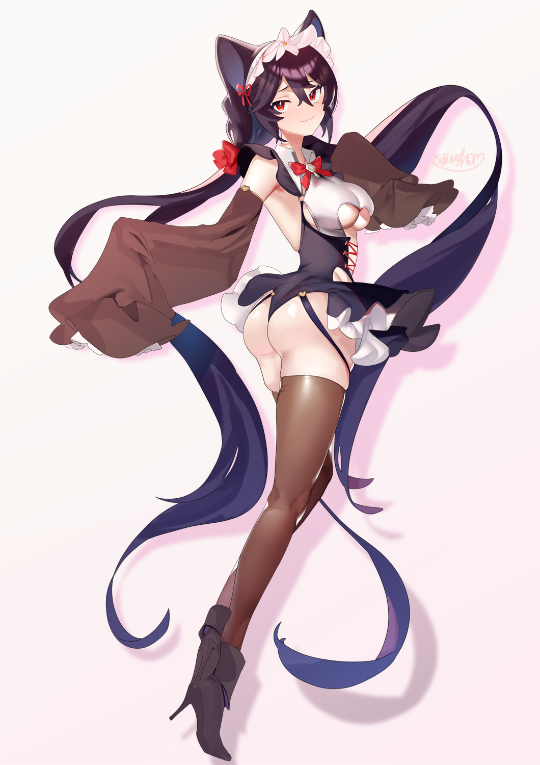 1girl absurdly_long_hair adapted_costume aiushi_(lovecowjp) allen_m._sumner_(azur_lane) ass azur_lane black_footwear bow breasts brown_legwear brown_sleeves cleavage_cutout clothing_cutout commentary detached_sleeves dress full_body hair_between_eyes high_heels highres long_hair medium_breasts microdress purple_hair red_bow red_eyes signature solo stiletto_heels thigh-highs underboob_cutout very_long_hair