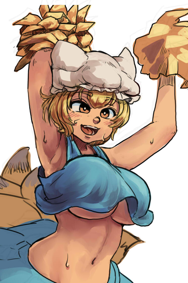 1girl alternate_costume armpits arms_up bangs blonde_hair blue_skirt blue_tank_top breasts brown_eyes chanta_(ayatakaoisii) cheering cheerleader crop_top crop_top_overhang eyebrows_visible_through_hair fox_tail frilled_hat frills hat holding holding_pom_poms large_breasts midriff multiple_tails navel open_mouth pillow_hat pom_pom_(cheerleading) short_hair simple_background skirt smile solo tail tank_top touhou under_boob upper_body white_background white_headwear yakumo_ran