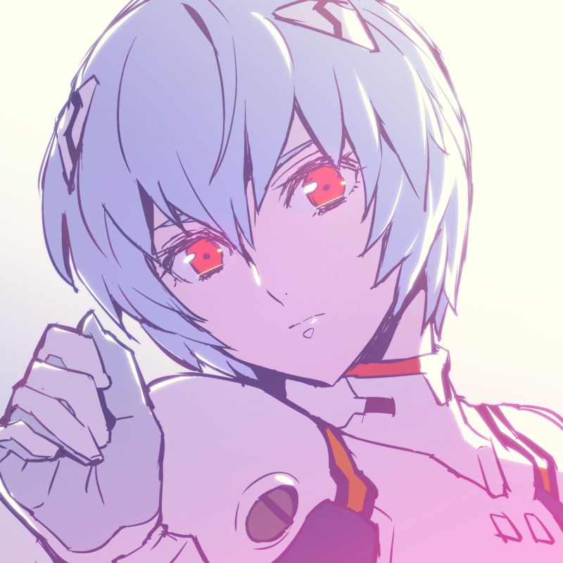 1girl ayanami_rei bangs blue_hair bodysuit eyebrows_behind_hair eyebrows_visible_through_hair gloves hair_ornament hairclip looking_at_viewer neon_genesis_evangelion red_eyes short_hair simple_background solo tetsukuzu_tetsuko upper_body white_background white_gloves