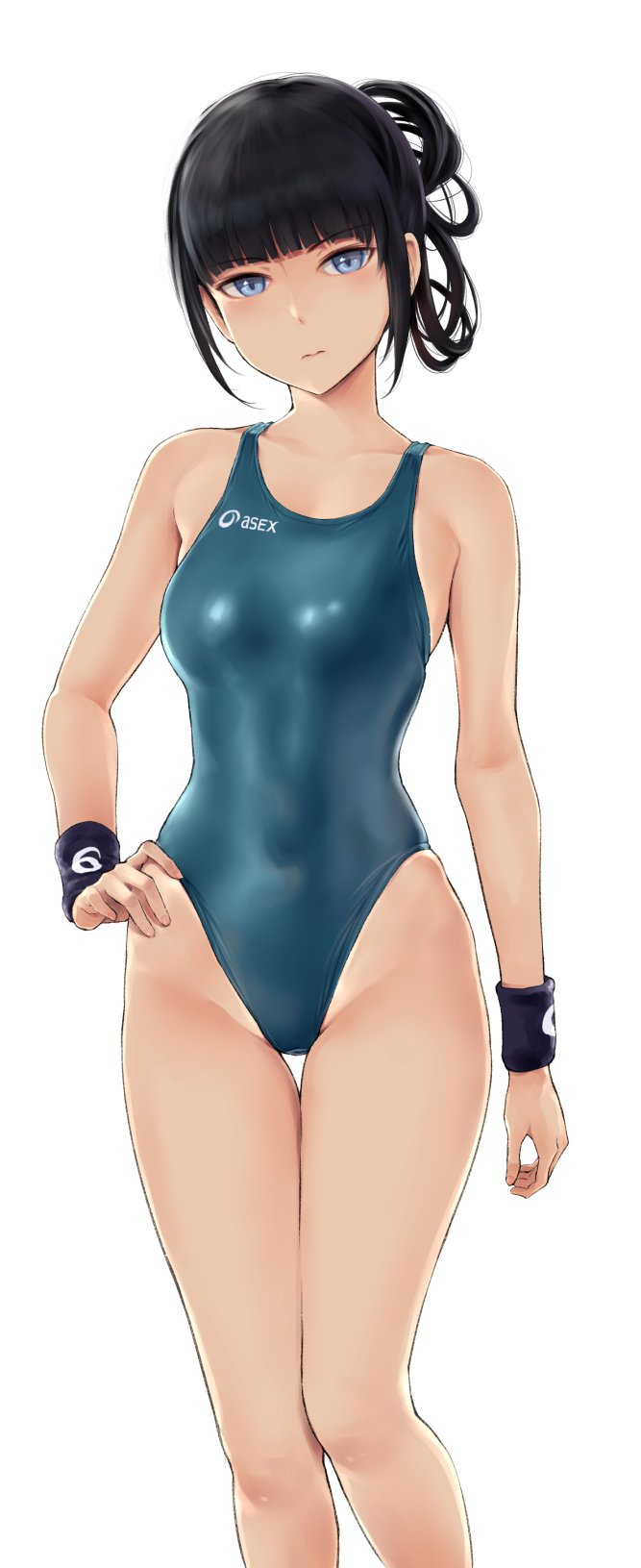 1girl bangs bare_shoulders black_hair blue_eyes blue_swimsuit blunt_bangs blush breasts closed_mouth collarbone highleg highleg_swimsuit highres long_hair looking_at_viewer medium_breasts one-piece_swimsuit original solo swimsuit thighs wa_(genryusui) wristband