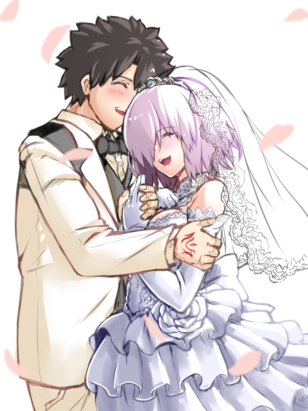 1boy 1girl alternate_costume bare_shoulders black_bow black_hair black_neckwear blush bow bowtie breasts bridal_veil bride buttons closed_eyes command_spell commentary_request dress elbow_gloves eyebrows_visible_through_hair fate/grand_order fate_(series) formal frilled_dress frills fujimaru_ritsuka_(male) gloves groom hair_ornament hair_over_one_eye highres holding_hands jewelry lips makka_na_kedamono mash_kyrielight open_mouth petals pink_hair pink_lips ring shirt short_hair simple_background sleeveless sleeveless_dress smile suit veil wedding_dress what_if white_dress white_gloves white_shirt white_suit