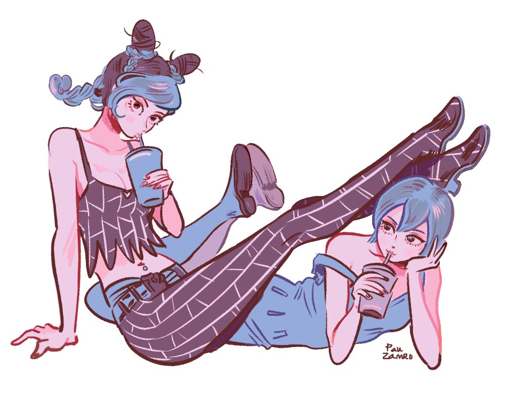 2girls belt black_hair blue_hair blue_overalls cup double_bun drinking foo_fighters hair_bun holding holding_cup jojo_no_kimyou_na_bouken kujo_jolyne limited_palette midriff multicolored_hair multiple_girls navel pau simple_background stone_ocean strap_slip two-tone_hair white_background