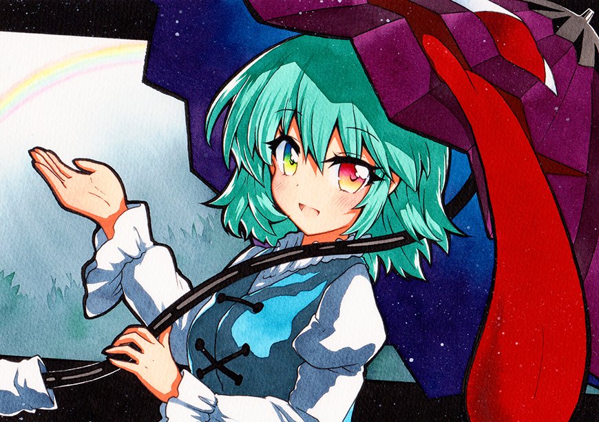 1girl :d bangs blue_eyes blue_hair blue_vest cross-laced_clothes heterochromia holding holding_umbrella juliet_sleeves karakasa_obake long_sleeves looking_at_viewer open_mouth outdoors puffy_sleeves purple_umbrella qqqrinkappp rainbow red_eyes shirt short_hair smile solo tatara_kogasa tongue touhou traditional_media umbrella upper_body vest white_shirt