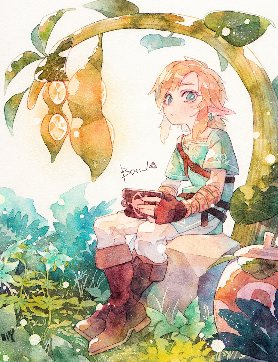 1boy aqua_eyes bangs blonde_hair boots brown_footwear brown_gloves closed_mouth copyright_name earrings eyelashes fingerless_gloves flower gloves green_flower green_tunic highres holding jewelry leaf link long_hair male_focus oharu-chan pants pointy_ears rock short_sleeves sitting solo strap the_legend_of_zelda the_legend_of_zelda:_breath_of_the_wild traditional_media tunic watercolor_(medium) white_pants