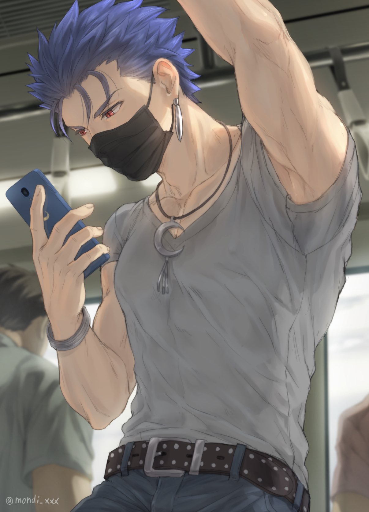 2boys arm_up belt blue_hair cellphone crescent cu_chulainn_(fate)_(all) cu_chulainn_(fate/stay_night) denim earrings fate/stay_night fate_(series) grey_shirt ground_vehicle highres holding holding_phone jeans jewelry male_focus mask mondi_hl mouth_mask multiple_boys muscular muscular_male necklace pants phone red_eyes shirt short_sleeves single_earring smartphone solo_focus train train_interior twitter_username