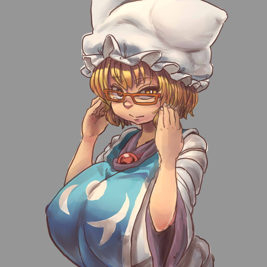 1girl blonde_hair breasts chanta_(ayatakaoisii) dress glasses grey_background hands_up hat large_breasts long_sleeves looking_at_viewer pillow_hat red-framed_eyewear short_hair simple_background solo tabard touhou upper_body white_dress white_headwear yakumo_ran yellow_eyes