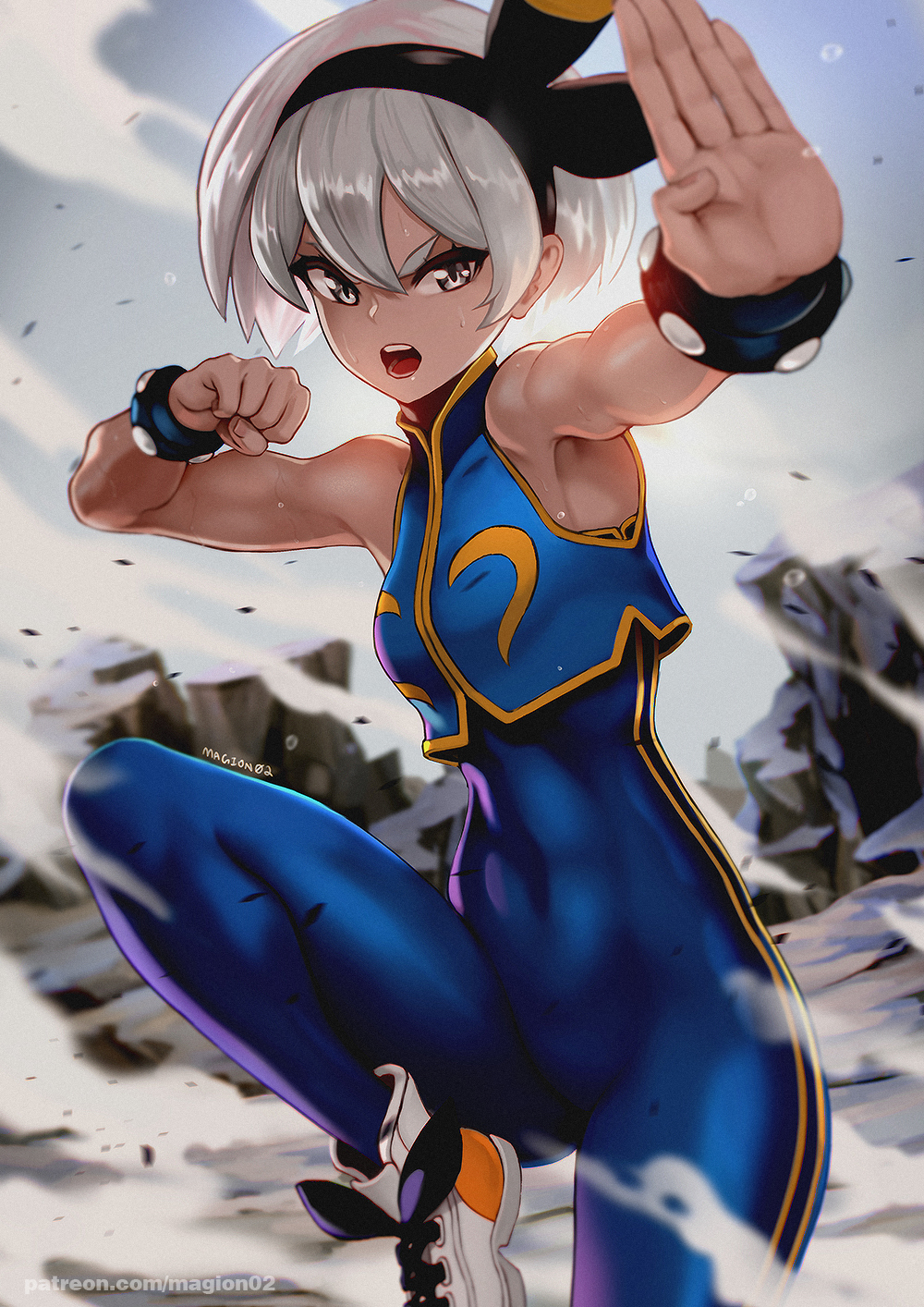 1girl ankle_boots bea_(pokemon) black_hairband blue_bodysuit blue_vest blurry blurry_background bodysuit boots breasts chun-li chun-li_(cosplay) clenched_hand cosplay covered_abs covered_navel dark-skinned_female dark_skin english_commentary fighting_stance fingernails grey_eyes hairband highres magion02 open_mouth pokemon pokemon_(game) pokemon_swsh short_hair silver_hair sleeveless small_breasts smoke solo standing standing_on_one_leg street_fighter street_fighter_zero_(series) striped studded_bracelet sweat vertical_stripes vest white_footwear