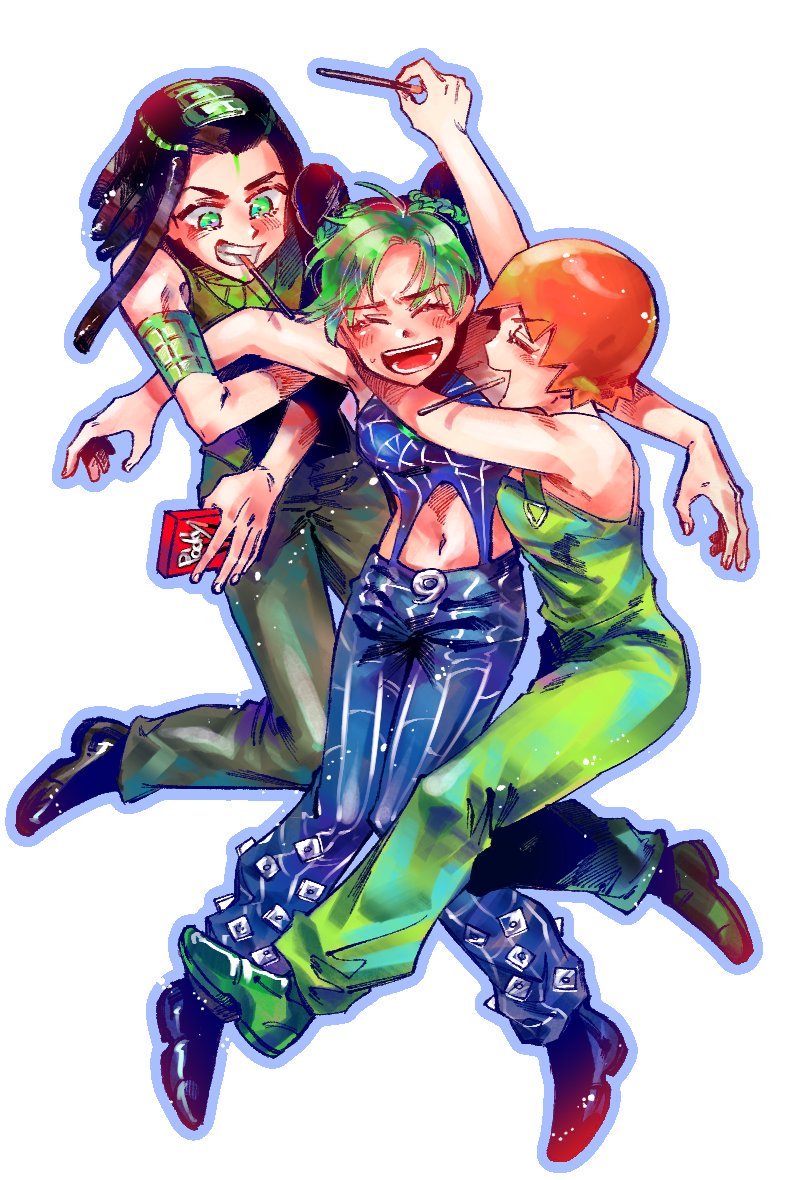 3girls black_footwear black_hair blue_outline braid braided_bun closed_eyes dogeunjojo double_bun ermes_costello foo_fighters food green_eyes green_footwear green_hair green_overalls hairlocs jojo_no_kimyou_na_bouken kujo_jolyne multicolored_hair multiple_girls navel open_mouth orange_hair outline pocky profile simple_background smile stone_ocean two-tone_hair white_background