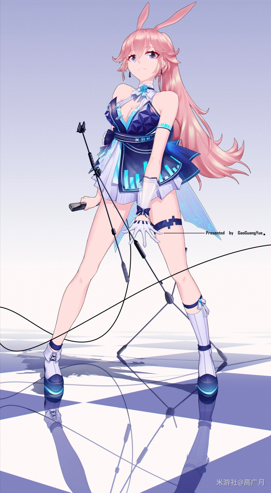 1girl animal_ears bangs bare_shoulders blue_dress breasts checkered checkered_floor closed_mouth dress earrings fox_ears gao_guangyue gloves hair_between_eyes highres holding honkai_(series) honkai_impact_3rd jewelry looking_at_viewer microphone ponytail single_glove socks solo standing uneven_legwear violet_eyes white_gloves white_legwear yae_sakura yae_sakura_(goushinnso_memento)