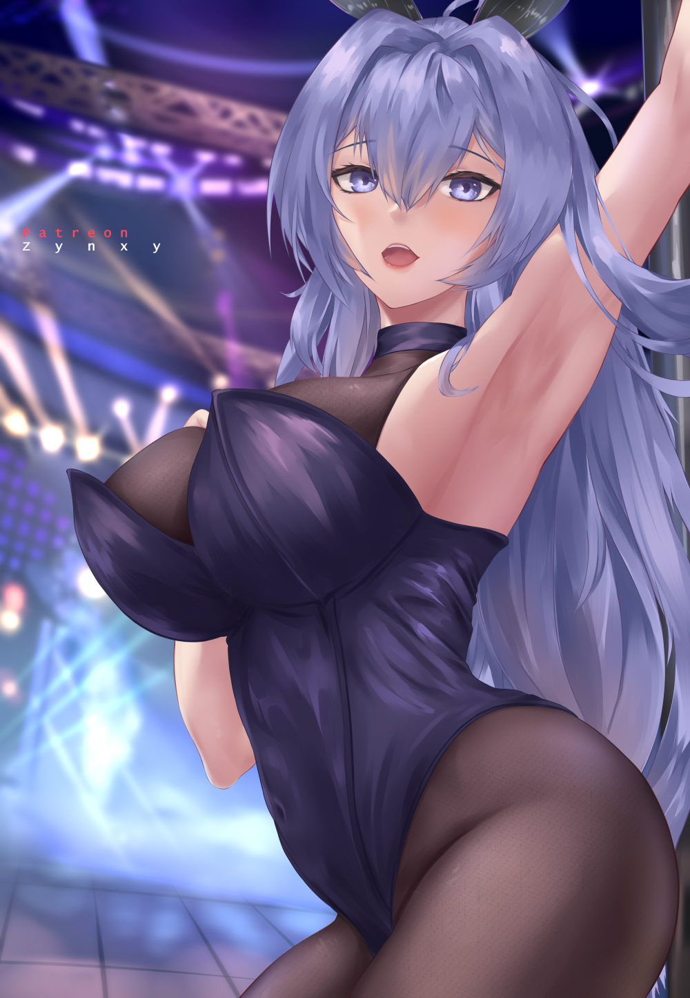 1girl animal_ears arm_up armpits azur_lane bangs black_legwear blue_eyes blue_hair blue_leotard blush breasts covered_navel crossed_bangs eyebrows_visible_through_hair from_side highres large_breasts leotard long_hair looking_at_viewer looking_to_the_side new_jersey_(azur_lane) open_mouth pantyhose patreon_username playboy_bunny rabbit_ears sleeveless smile solo zynxy