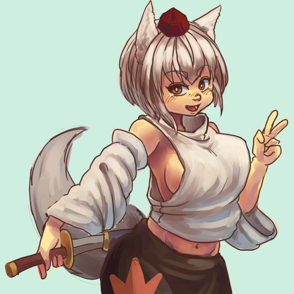 1girl animal_ears bangs blush breasts bright_pupils brown_eyes chanta_(ayatakaoisii) cowboy_shot detached_sleeves eyebrows_visible_through_hair green_background hand_up hat holding holding_sword holding_weapon inubashiri_momiji large_breasts long_sleeves looking_at_viewer midriff navel open_mouth red_headwear shadow shirt short_hair sideboob silver_hair simple_background sleeveless sleeveless_shirt smile solo sword tail tokin_hat touhou v weapon white_pupils white_shirt white_sleeves wolf_ears wolf_tail