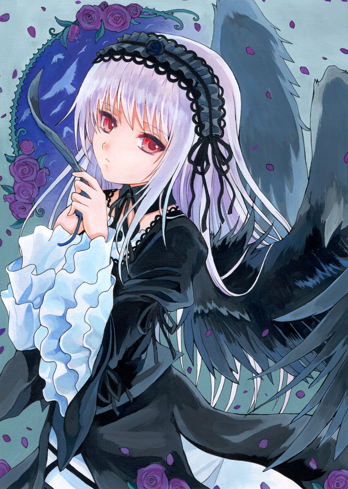 1girl acrylic_paint_(medium) akr369akr bangs black_collar black_dress black_ribbon black_wings closed_mouth collar detached_collar dress eyebrows_visible_through_hair feathered_wings flower gothic_lolita hairband layered_sleeves lolita_fashion lolita_hairband long_hair long_sleeves neck_ribbon purple_flower purple_rose red_eyes ribbon rose rozen_maiden shiny shiny_hair silver_hair solo straight_hair suigintou traditional_media very_long_hair wide_sleeves wings