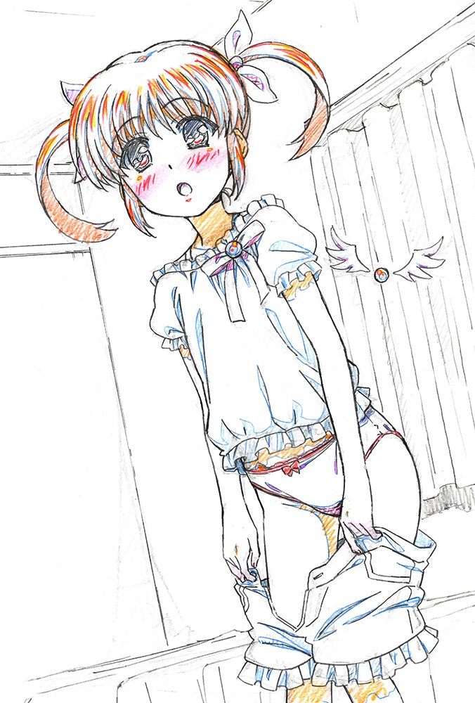 1girl :o bedroom blouse blush bow bow_panties brown_hair clothes_pull color_trace colored_pencil_(medium) commentary crotch_seam curtains dutch_angle eyebrows_visible_through_hair frilled_blouse frilled_shorts frills hair_ribbon indoors lace-trimmed_panties lace_trim looking_at_viewer lyrical_nanoha mahou_shoujo_lyrical_nanoha miyajima_hitoshi open_mouth panties pulled_by_self raising_heart ribbon short_hair short_sleeves shorts shorts_pull solo spot_color standing takamachi_nanoha traditional_media twintails underwear undressing