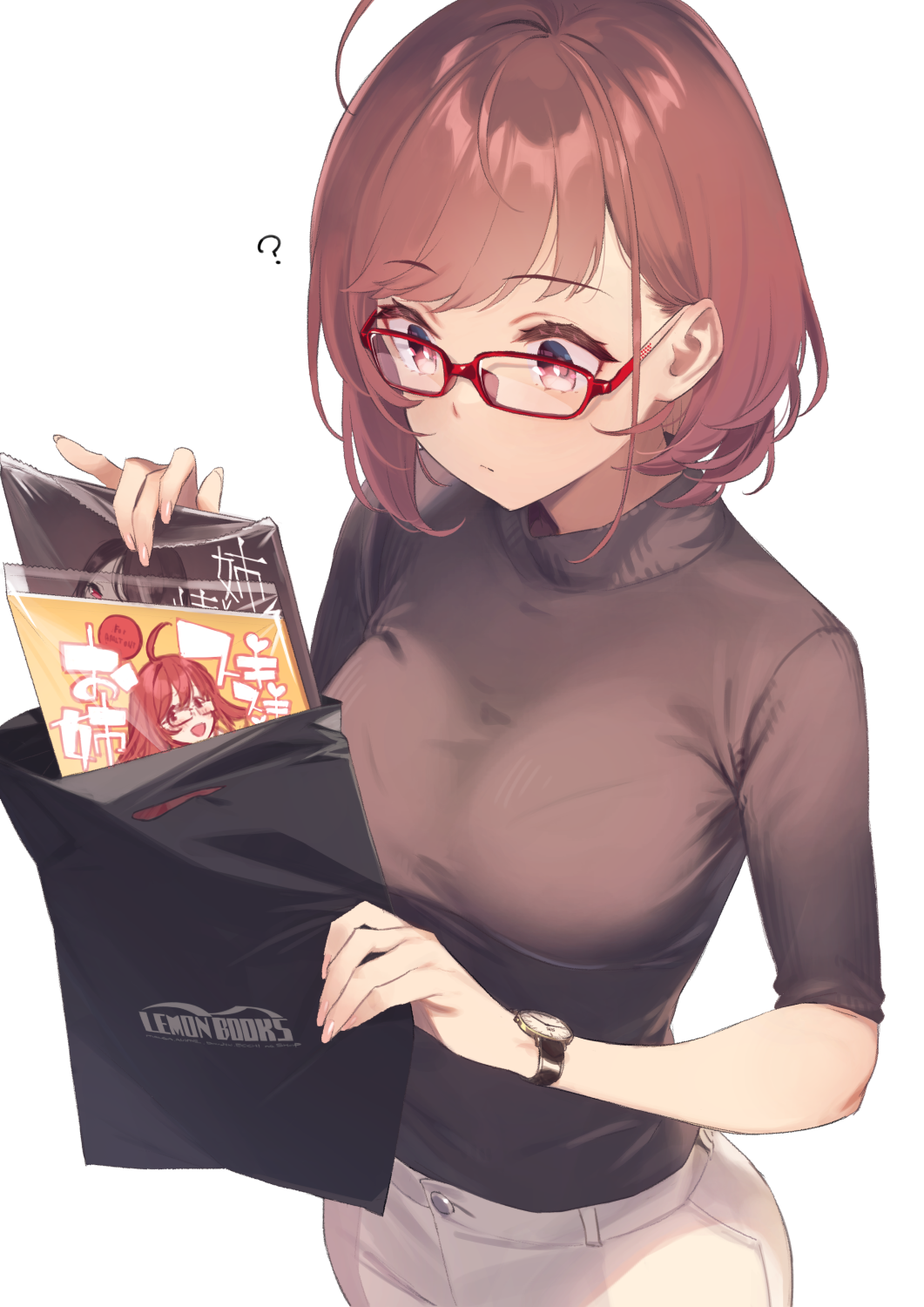 1girl 92m ? ahoge bag bangs bra_through_clothes brand_name_imitation breasts brown_eyes brown_hair brown_sweater closed_mouth commentary_request denim eyebrows_visible_through_hair glasses highres holding holding_bag jeans large_breasts manga_(object) melonbooks original pants plastic_bag short_hair sleeves_rolled_up solo sweater swept_bangs turtleneck turtleneck_sweater watch watch white_background white_pants