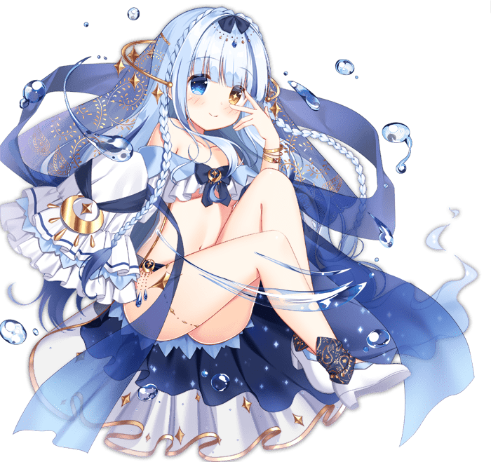 1girl ark_order bangs blue_bow blue_eyes blue_hair blue_skirt bow bracelet braid crop_top crown_braid diadem frilled_sleeves frills gold heterochromia ikataruto jewelry long_hair official_art shoes single_sleeve skirt sleeves_past_fingers sleeves_past_wrists solo sparkling_eyes tachi-e thighlet transparent_background twin_braids v v_over_eye varuna_(ark_order) veil very_long_hair water white_footwear yellow_eyes