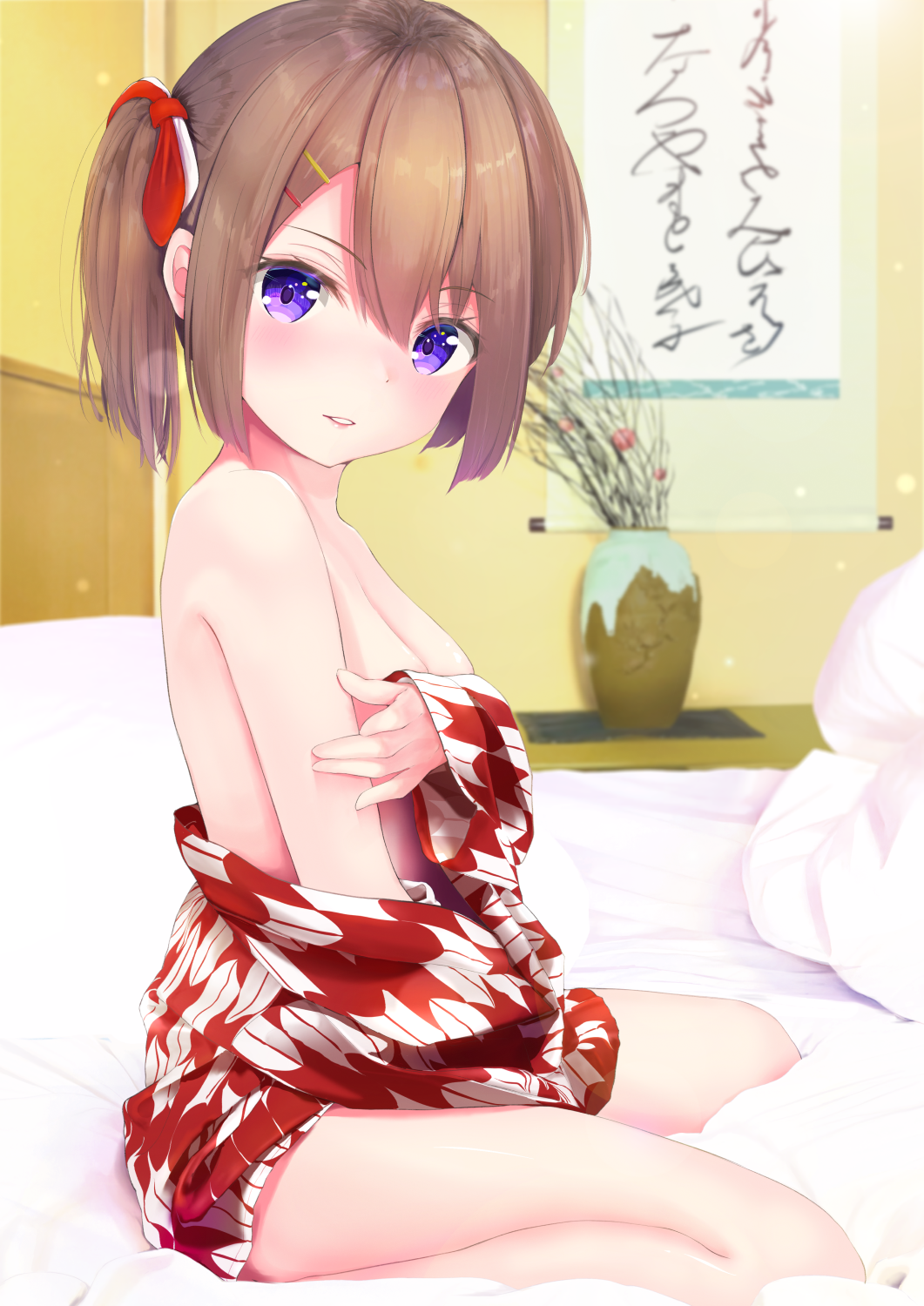 1girl bangs bare_shoulders bedroom blush breasts clothes_down commentary_request covering covering_breasts from_side hair_ornament hair_ribbon hairclip hanging_scroll highres indoors japanese_clothes kimono looking_at_viewer looking_to_the_side on_bed original parted_lips plant potted_plant print_kimono red_ribbon ribbon scroll side_ponytail sitting sitting_on_bed small_breasts solo wariza yukata yunarebun