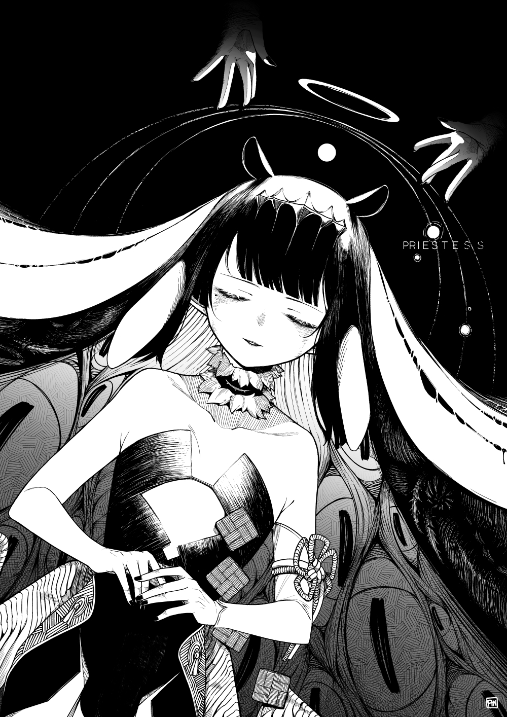 1girl angry_num closed_eyes collarbone detached_sleeves extra_eyes flat_chest fur_choker greyscale halo highres hololive hololive_english long_hair lying mole mole_under_eye monochrome ninomae_ina'nis on_back open_hands parted_lips single_detached_sleeve solo_focus virtual_youtuber