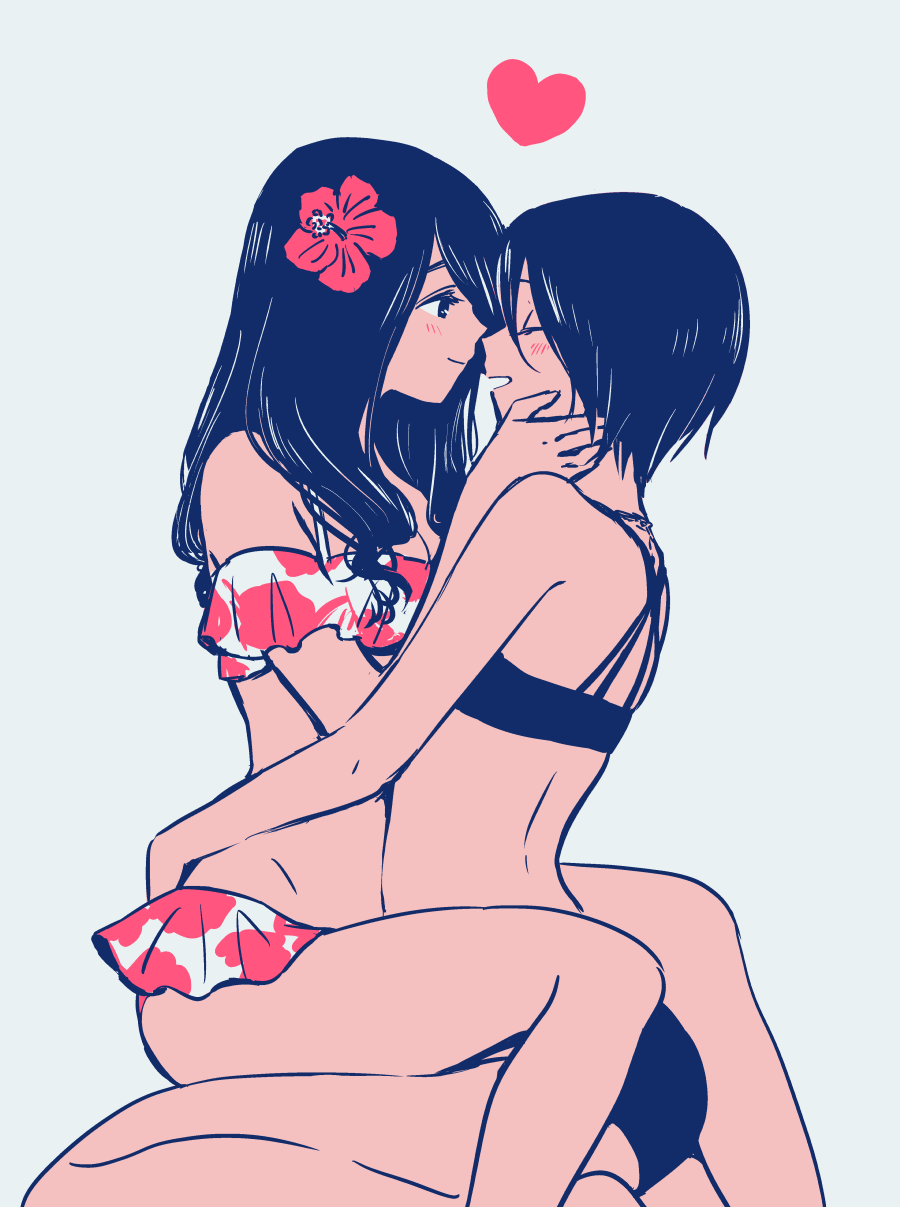 2girls bangs bare_arms bare_legs bikini black_bikini black_hair blue_background blush closed_eyes closed_mouth commentary_request couple english_commentary flower frilled_bikini frills hair_flower hair_ornament hamachika hand_on_another's_face hands_on_another's_waist heart highres long_hair looking_at_another mixed-language_commentary multiple_girls off-shoulder_bikini off_shoulder open_mouth original red_bikini red_flower seiza simple_background sitting sitting_on_lap sitting_on_person smile straddling swimsuit upright_straddle white_bikini yuri