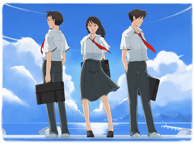 1girl 2boys arms_behind_back bag black_footwear black_pants black_skirt blue_sky bookbag hand_in_pocket long_hair looking_at_viewer morisaki_taku multiple_boys mutou_rikako necktie ocean outdoors pants pier red_neckwear short_hair short_sleeves skirt sky standing summer umi_ga_kikoeru water white_footwear yana_yana