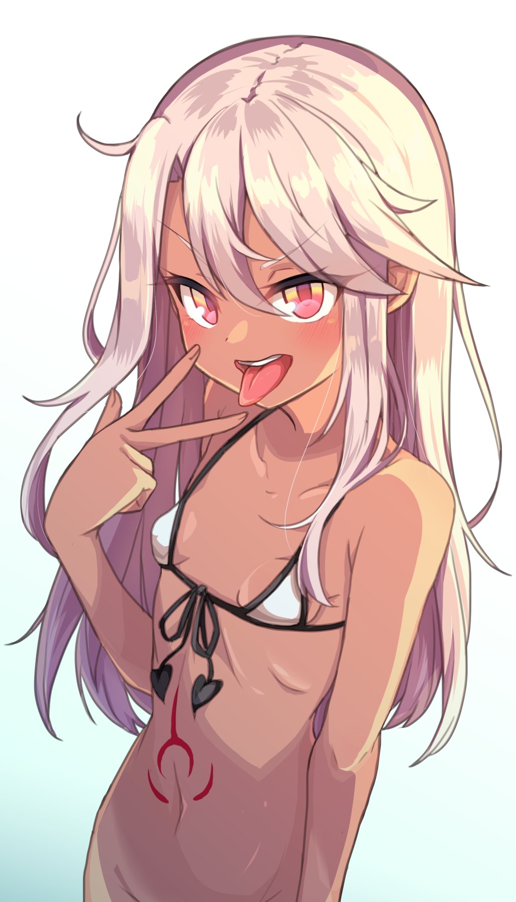 1girl bangs bare_shoulders bikini blush breasts chawan_(yultutari) chloe_von_einzbern collarbone dark-skinned_female dark_skin fate/kaleid_liner_prisma_illya fate_(series) hair_between_eyes highres long_hair looking_at_viewer navel open_mouth orange_eyes pink_hair sidelocks small_breasts solo stomach_tattoo swimsuit tattoo tongue tongue_out w white_bikini