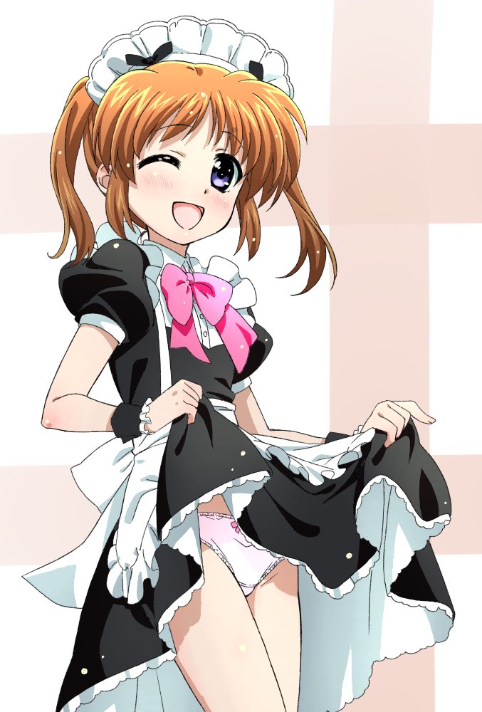 1girl ;d alternate_costume apron back_bow bangs black_dress blue_eyes blush bow bow_panties bowtie brown_hair clothes_lift commentary_request cowboy_shot crotch_seam dress dress_lift enmaided lifted_by_self looking_at_viewer lyrical_nanoha maid maid_apron maid_headdress miyajima_hitoshi one_eye_closed open_mouth panties pink_neckwear puffy_short_sleeves puffy_sleeves short_hair short_sleeves smile solo standing takamachi_nanoha twintails underwear white_apron white_panties