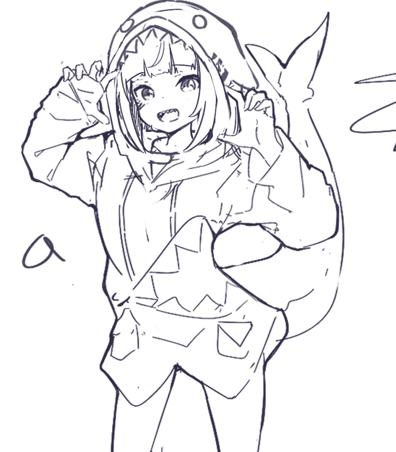 1girl :d animal_costume animal_hood bangs blunt_bangs cowboy_shot fish_tail gawr_gura greyscale hands_up harmhaunters hololive hololive_english hood lineart looking_at_viewer monochrome open_mouth shark_costume shark_girl shark_hood shark_tail sharp_teeth sketch sleeves_past_wrists smile solo standing tail teeth virtual_youtuber