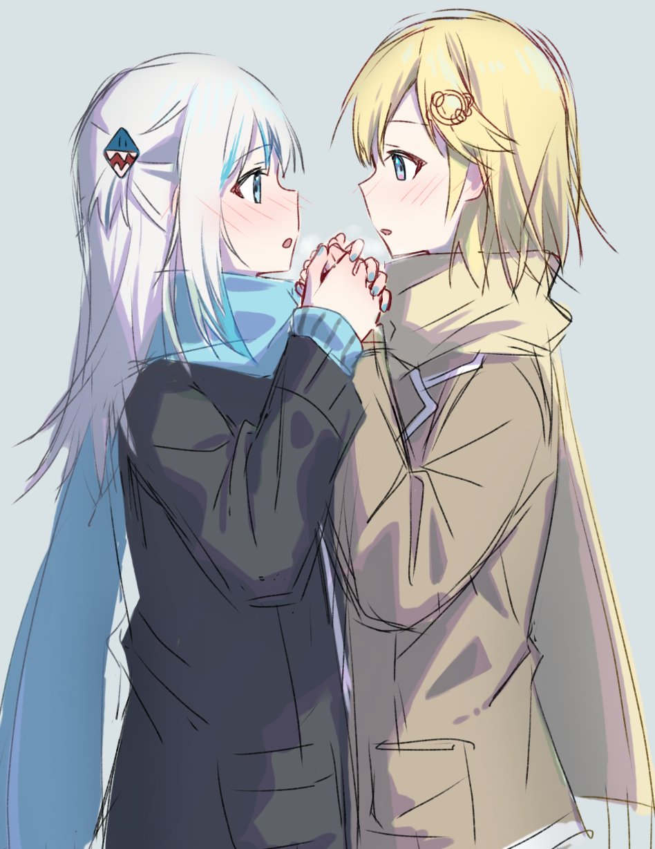 2girls blonde_hair blue_eyes blue_hair blue_nails blue_scarf blush breath coat desutruction eye_contact eyebrows_visible_through_hair face-to-face gawr_gura hair_ornament highres holding_hands hololive hololive_english layered_sleeves looking_at_another medium_hair monocle_hair_ornament multicolored_hair multiple_girls nail_polish open_mouth scarf shark_hair_ornament short_hair silver_hair sleeves_past_wrists streaked_hair watson_amelia winter_clothes yellow_scarf