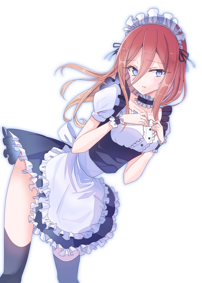 1girl apron back_bow black_legwear black_ribbon black_skirt blue_eyes bow breasts buttons collar collarbone commentary_request cowboy_shot eyebrows_visible_through_hair frilled_apron frilled_armband frilled_collar frilled_skirt frills go-toubun_no_hanayome hair_between_eyes hair_ribbon hands_on_own_chest juliet_sleeves leaning_forward light_blush long_hair long_sleeves looking_at_viewer maid maid_apron maid_headdress medium_breasts nakano_miku parted_lips partial_commentary puffy_sleeves redhead ribbon see-through sidelocks simple_background skirt solo standing suzume_anko teeth thigh-highs underbust white_background white_bow zettai_ryouiki