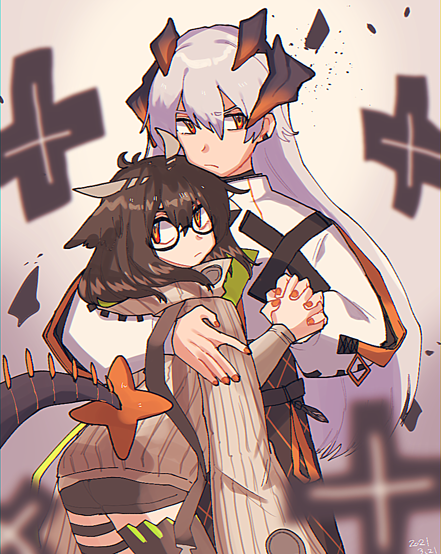 2girls arknights bangs black_legwear black_shorts black_skirt blurry blurry_background blurry_foreground brown_coat brown_hair closed_mouth coat commentary_request dated debris dragon_horns dragon_tail feather_hair feathers frown glasses grey_background hair_between_eyes height_difference high-waist_skirt holding_hands horns hug interlocked_fingers kawaii_inu5 long_hair long_sleeves medium_hair multiple_girls nail_polish orange_eyes orange_nails protecting saria_(arknights) shirt shorts silence_(arknights) silver_hair single_thighhigh skirt tail thigh-highs thigh_strap white_shirt yuri