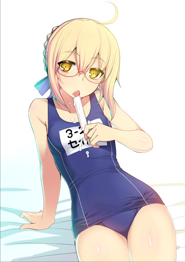 1girl ahoge arm_support artoria_pendragon_(all) blonde_hair blue_swimsuit braid braided_bun breasts fate/grand_order fate_(series) food looking_at_viewer mysterious_heroine_x_(alter)_(fate) name_tag namonashi one-piece_swimsuit open_mouth popsicle reclining ringed_eyes school_swimsuit small_breasts solo swimsuit tongue tongue_out white_background yellow_eyes